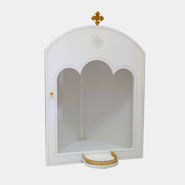 ΕΙΚΟΝΟΣΤΑΣΙ ΞΥΛΙΝΟ ΛΕΥΚΟ ΓΩΝΙΑΚΟ ΜΕ ΒΑΣΗ ΚΑΙ ΣΤΑΥΡΟ ΑΝΟΙΓΟΜΕΝΗ ΠΟΡΤΑ