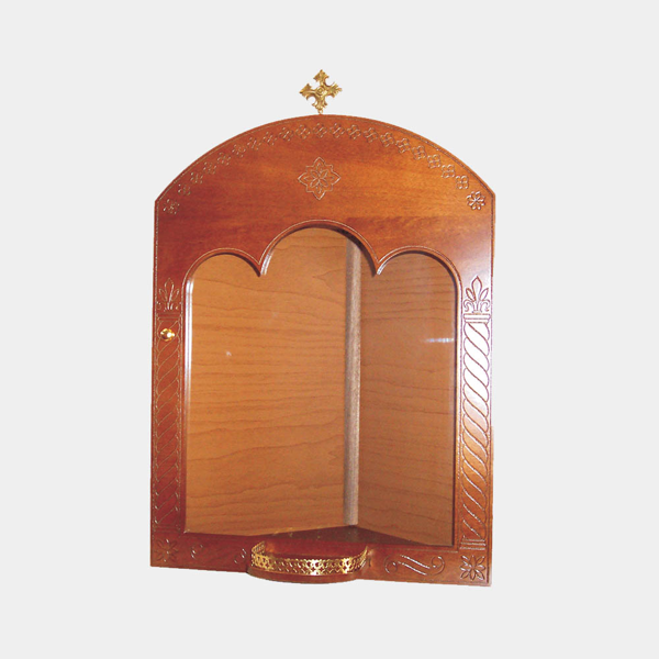 ΕΙΚΟΝΟΣΤΑΣΙ ΞΥΛΙΝΟ ΚΑΦΕ ΓΩΝΙΑΚΟ ΜΕ ΒΑΣΗ ΚΑΙ ΣΤΑΥΡΟ ΑΝΟΙΓΟΜΕΝΗ ΠΟΡΤΑ