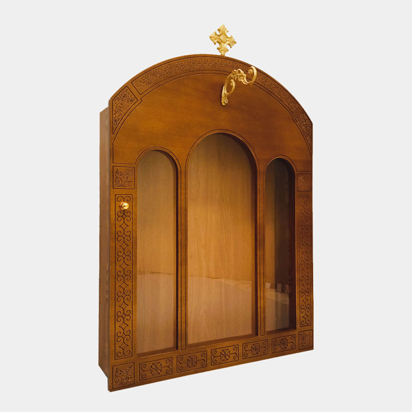 ΕΙΚΟΝΟΣΤΑΣΙ ΞΥΛΙΝΟ ΚΑΦΕ ΙΣΙΟ ΜΕ ΓΑΝΤΖΟ ΚΑΙ ΣΤΑΥΡΟ ΑΝΟΙΓΟΜΕΝΗ ΠΟΡΤΑ