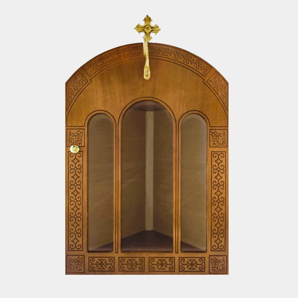 ΕΙΚΟΝΟΣΤΑΣΙ ΞΥΛΙΝΟ ΚΑΦΕ ΓΩΝΙΑΚΟ ΜΕ ΓΑΝΤΖΟ ΚΑΙ ΣΤΑΥΡΟ ΑΝΟΙΓΟΜΕΝΗ ΠΟΡΤΑ