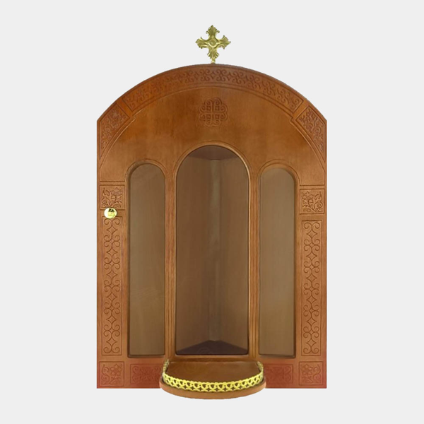 ΕΙΚΟΝΟΣΤΑΣΙ ΞΥΛΙΝΟ ΚΑΦΕ ΓΩΝΙΑΚΟ ΜΕ ΒΑΣΗ ΚΑΙ ΣΤΑΥΡΟ ΑΝΟΙΓΟΜΕΝΗ ΠΟΡΤΑ