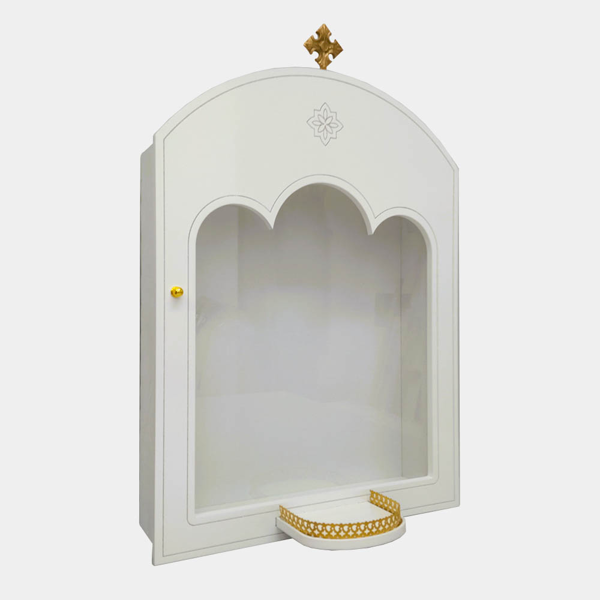 ΕΙΚΟΝΟΣΤΑΣΙ ΞΥΛΙΝΟ ΛΕΥΚΟ ΙΣΙΟ ΜΕ ΒΑΣΗ ΚΑΙ ΣΤΑΥΡΟ ΑΝΟΙΓΟΜΕΝΗ ΠΟΡΤΑ