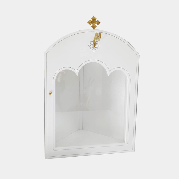 ΕΙΚΟΝΟΣΤΑΣΙ ΞΥΛΙΝΟ ΛΕΥΚΟ ΓΩΝΙΑΚΟ ΜΕ ΓΑΝΤΖΟ ΚΑΙ ΣΤΑΥΡΟ ΑΝΟΙΓΟΜΕΝΗ ΠΟΡΤΑ